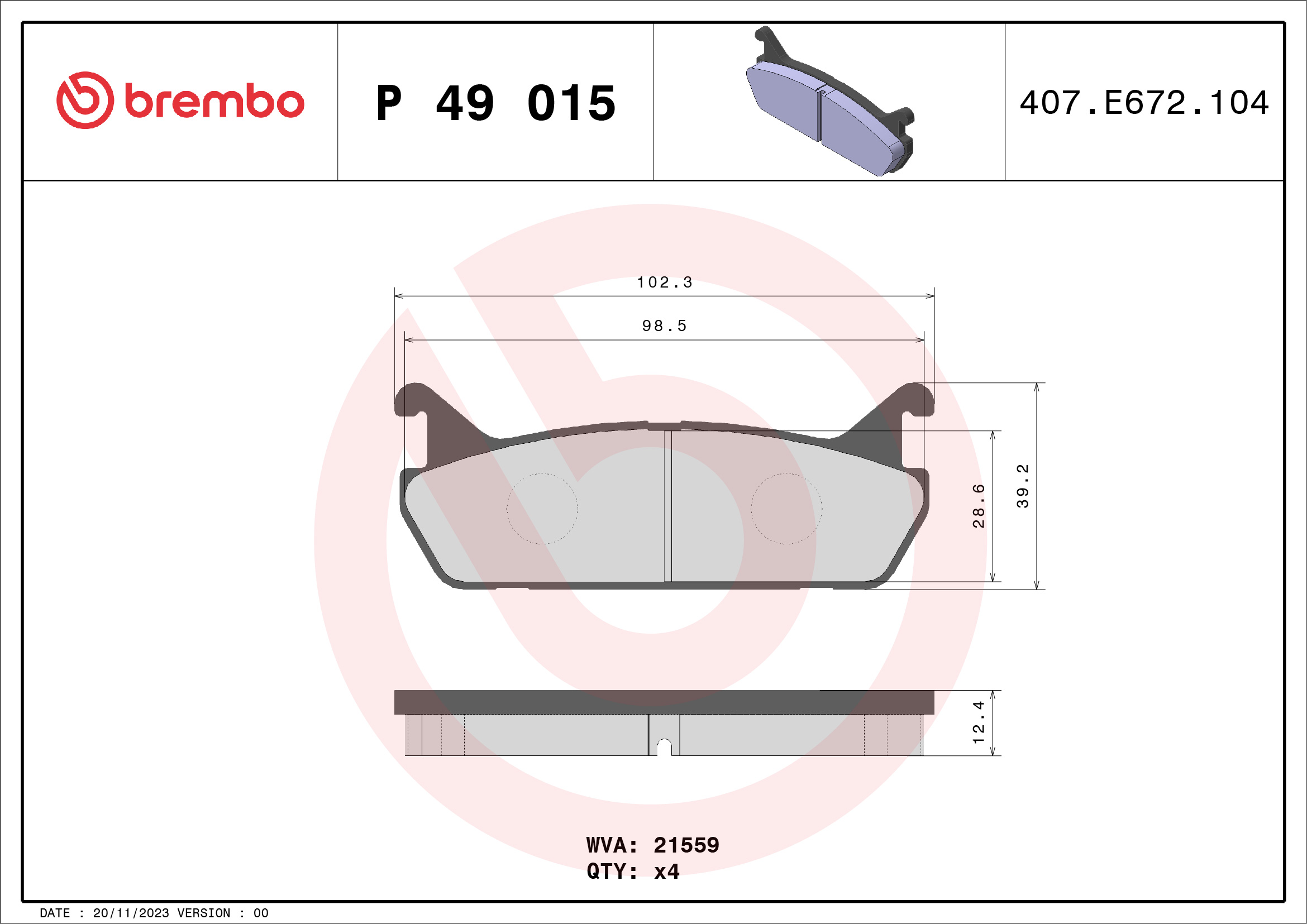 A.B.S. P 49 015 BREMBO Bremsbelagsatz, Scheibenbremse
